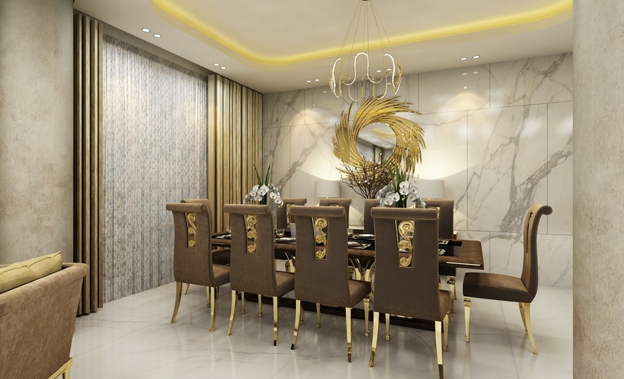 A dining room with gold details furnished with some bespoke dining table and a custom dining table.