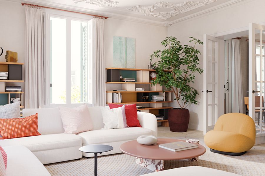living room with white sofa, yellow sofa, pink coffee tble