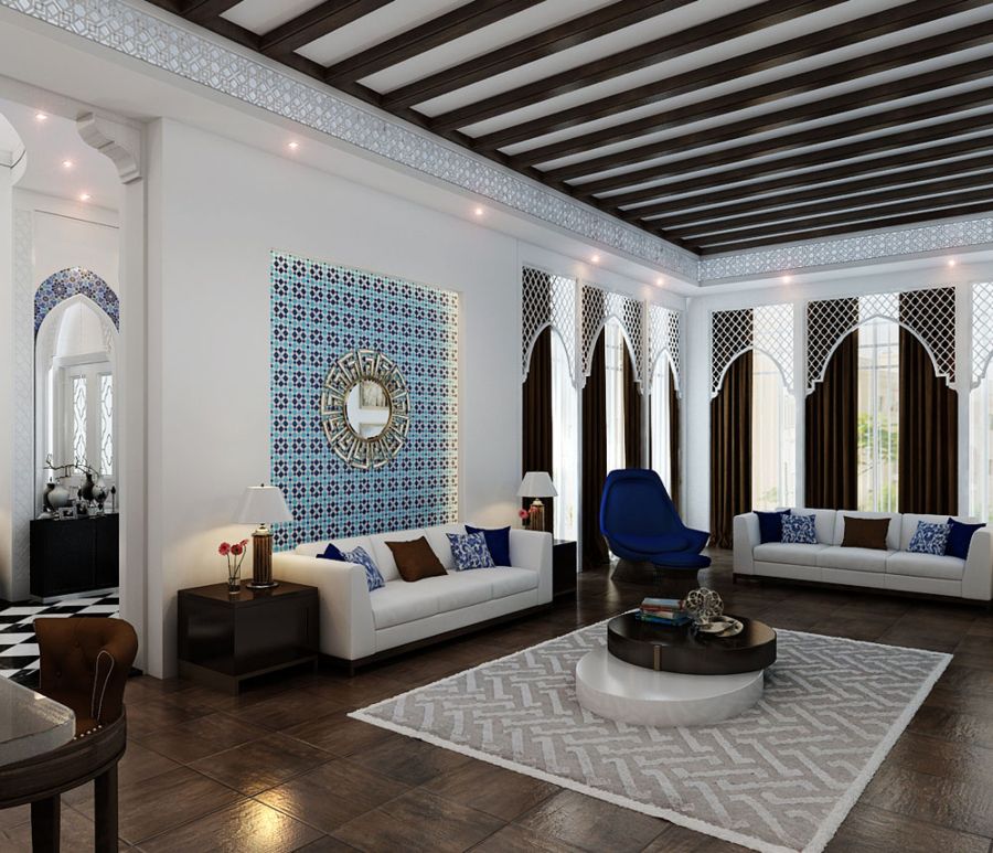 Sarah Al Rashed Design Studio Living Room Ideas - Living Room with two white sofas and cultural elements.