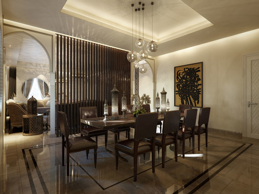 Dining room furnished with bespoke dining chairs and custom dining table.