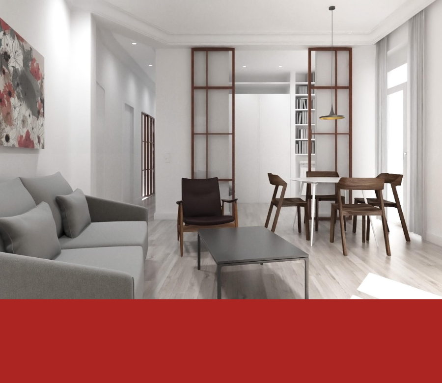 living room by Mustelier & Asociados with gey sofa, grey coffee table and dining room with white table and brown chairs