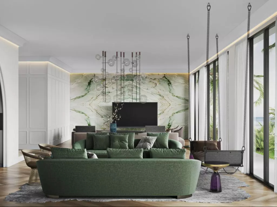 Nina Magon: Modern Living Room. This living room has two green sofas with matching green pillows.