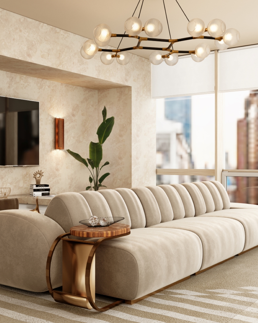 Dining And Living Room Inspirations By Elizabeth Metcalfe. This modern living room by BRABBU has a neutral sofa. a neutral rug and a suspension chandelier.
