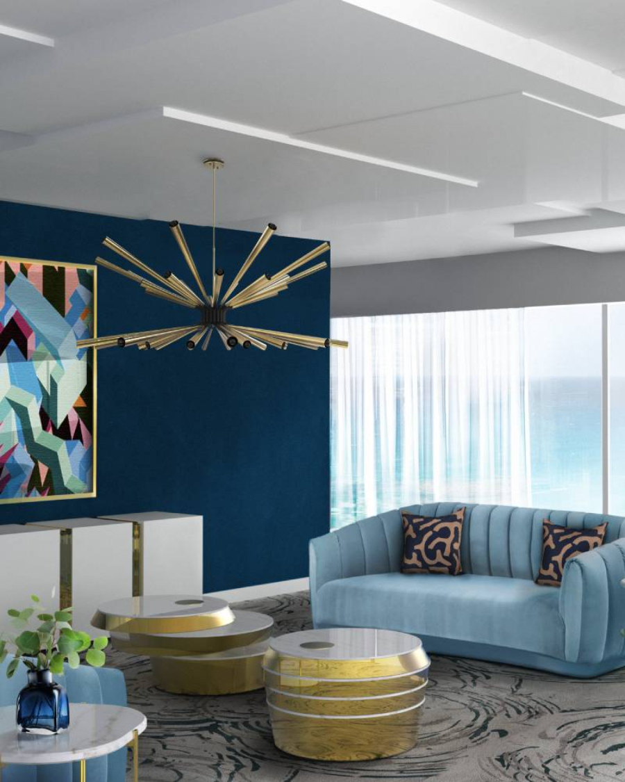 Drake Anderson Modern Living Room Ideas - This living room has a golden suspension lamp